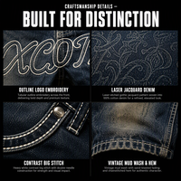 Jean Baggy Jacquard 14oz Indigo Personnalisé Atelier, Motif Damassé Laser, Grandes Coutures, Lavage Vintage, Pantalon Empilé, Streetwear OEM ODM