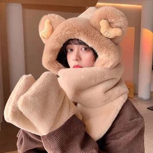 Winter <b>Bear</b> Hat Scarf Gloves Set Cartoon Plush Warm Neck Warmer Adult Three Piece Set Light Khaki - Product Image 1