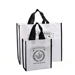 <span class=keywords><strong>Bolsa</strong></span> de Mano Tejida al por Mayor con Borde Negro, Logotipo Personalizado Impreso, Reutilizable, Multitamaño, para Compras y Regalos - Product Image 1