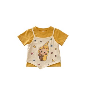 TongXingYuan Girls Summer Two Piece Set Yellow Cartoon Star Print Cotton T Shirt With Denim Skirt For Kids - Product Image 5