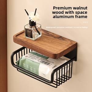 Porte-papier toilette mural en bois, adhésif, sans perçage, étagère <span class=keywords><strong>de</strong></span> rangement pour serviettes <span class=keywords><strong>de</strong></span> salle <span class=keywords><strong>de</strong></span> bain, support pour téléphone et mouchoirs - Product Image 3