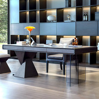 Bureau de direction ergonomique moderne et minimaliste avec plateau incurvé en acrylique et pieds en bois géométriques, table d'étude écologique avec rangement