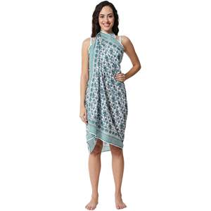 Pareo de algodón con estampado a mano en verde esmeralda y azul para mujer, ligero, para cubrir el bikini, ropa de verano. - Product Image 1