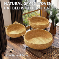 Lit pour chien en herbe naturelle tressée, panier rond en paille pour animaux de compagnie, maison en feuilles de canne tressées à la main avec coussin doux et rafraîchissant