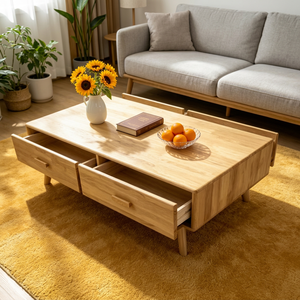 Minimalist Nordic Solid Oak Coffee <b>Table</b> with 2 Storage <b>Drawers</b> for Living Room - Product Image 1