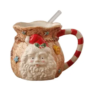 Large Capacity Hand Painted Old Man Ceramic Christmas Mug Creative Vintage Cloth Bag Europe Handgrip Water Cup Christmas Gift