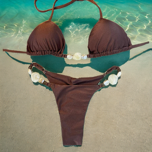 Conjunto de bikini de 2 piezas para mujer, top triangular liso y estampado con braga brasileña y almohadillas extraíbles - Product Image 2