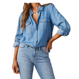 Haut en jean pour femme, style vintage, à simple boutonnage, manches longues, col à revers, bouton, technique délavée, été, hiver, loisirs, décontracté - Product Image 4