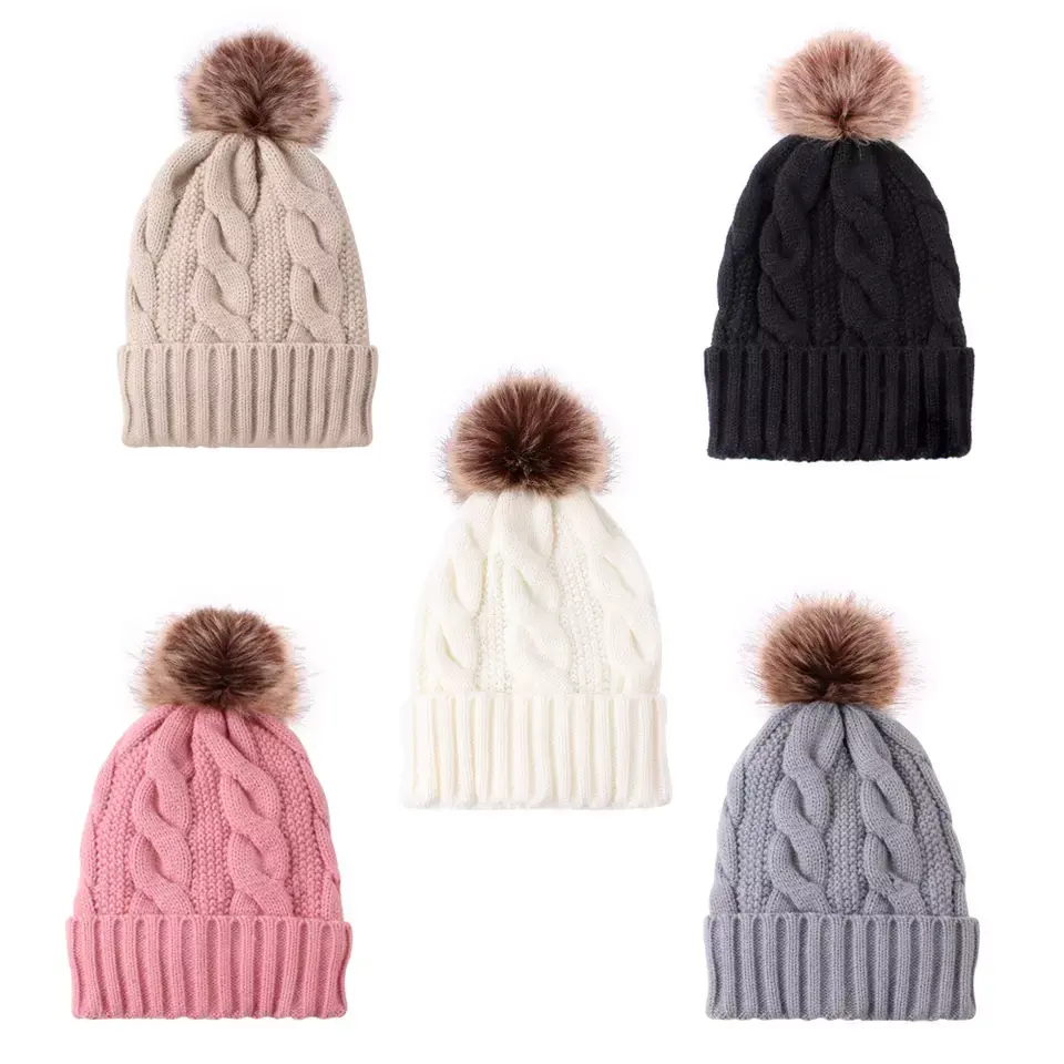 hot sales customize knitted hats warm plain women ladies winter Faux Fur Ball Pom Pom fashion white black beanie hat