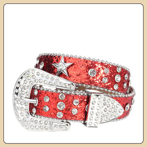 Cinturón de Cuero Moldeado en una Sola Pieza, Estilo Casual y Dulce, con Hebilla Plateada y Adornos de Estrellas de Diamantes de Imitación Rosas Personalizados - Product Image 2