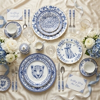 Service de vaisselle créatif en porcelaine bleue et blanche avec bordure dorée, vaisselle en céramique, imprimé floral léopard royal, vaisselle de mariage