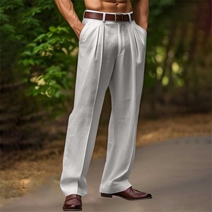 Nuovo da uomo con tasca inclinata a doppia piega in <span class=keywords><strong>lino</strong></span> tinta unita da esterno ogni giorno <span class=keywords><strong>pantaloni</strong></span> larghi a gamba dritta traspiranti - Product Image 3