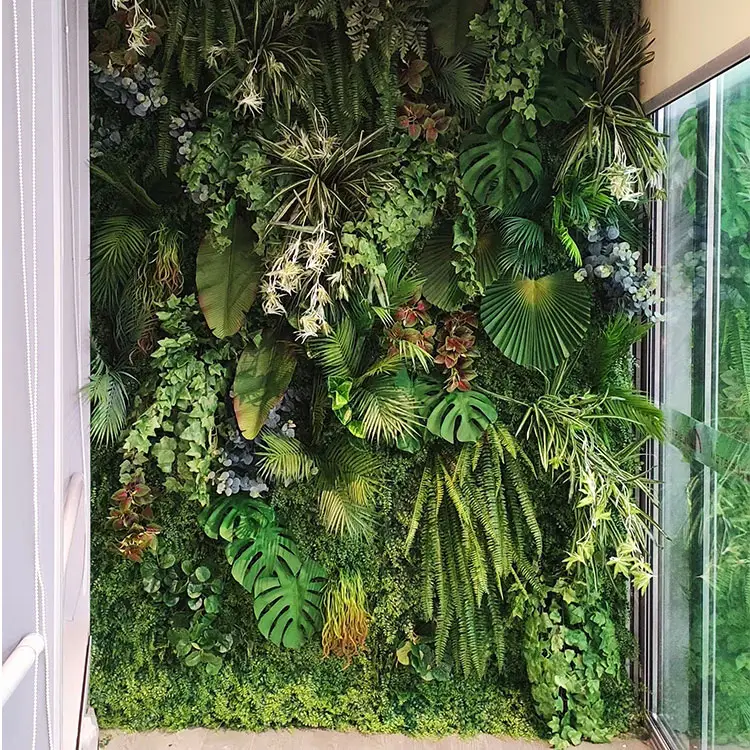 Decorativo in plastica stile tropicale finto pannello murale verde simulazione erba verde appeso foglia rivestimento murale piante artificiali