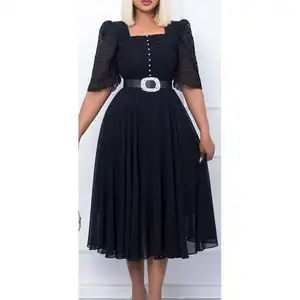 2024OL formal professional patchwork chiffon beading casual dresses women puff sleeves with belts A line dress midi length