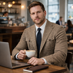 <span class=keywords><strong>Blazer</strong></span> en <span class=keywords><strong>tweed</strong></span> à chevrons avec logo personnalisé pour <span class=keywords><strong>homme</strong></span>, marron, coupe ample, style streetwear, costume d'affaires, tenue d'automne, décontracté - Product Image 5
