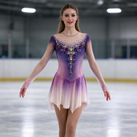 Robe de patinage et de danse dégradé violet, rose et blanc, en maille à manches longues, ornée de strass et de perles, pour enfants et adultes, pour compétition et spectacle