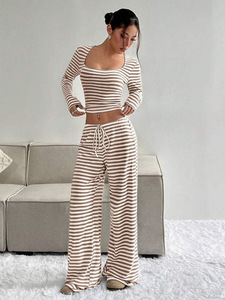 Conjunto Casual de Pantalones Anchos de Cintura Alta con Cuello Cuadrado y Rayas <span class=keywords><strong>para</strong></span> Mujer, Conjunto de Pantalones a Rayas Sólidas - Product Image 6