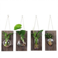 Vas Kaca Gantung Dinding Hidroponik Tanaman Wadah Botol Kayu Solid Pot Bunga Desain Pastoral Model SH002 Buatan Tangan