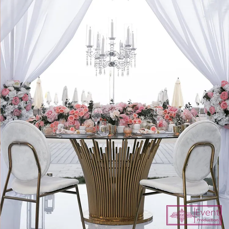 Conjunto de mesa de casamento, banquete de casamento moderno móveis de vidro top dourado de aço inoxidável