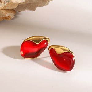 Yueli <b>Red</b> Stud <b>Earrings</b> Stainless Steel Irregular Geometric Party Jewelry - Product Image 4