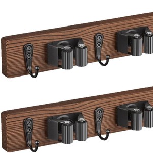 Wooden Wall Mounted <b>Mop</b> And Broom Rack With Hooks For <b>Cleaning</b> Supplies Storage Punch Free Installation - Product Image 5