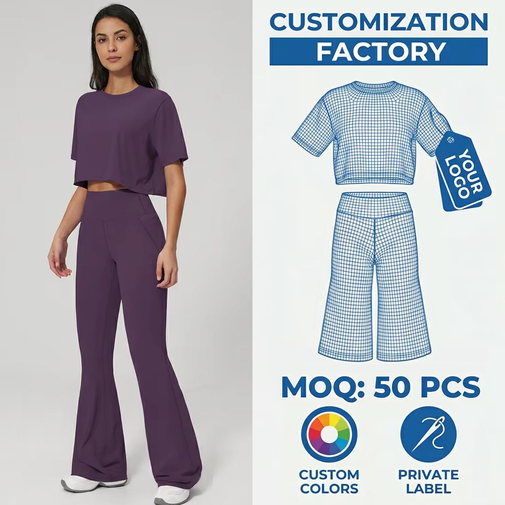Custom Private Label Loose Fit Short Sleeve Crop T-shirt High Waist Flare Pants Set 2 Piece Relaxed Yoga Workout Wear For Women