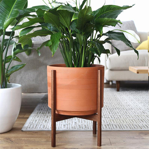 <span class=keywords><strong>Pot</strong></span> <span class=keywords><strong>de</strong></span> fleurs en céramique 3d gaufré, cylindre mat pour décoration <span class=keywords><strong>de</strong></span> maison/jardin, à l'intérieur et à l'extérieur, avec support en bois - Product Image 3