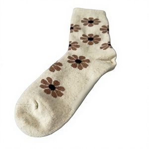 Wholesale Cream Floral Crew <b>Socks</b> 100% Mongolian Sheep Wool Knitted <b>Winter</b> Warm <b>Thick</b> Flower Pattern <b>Socks</b> for Women - Product Image 4