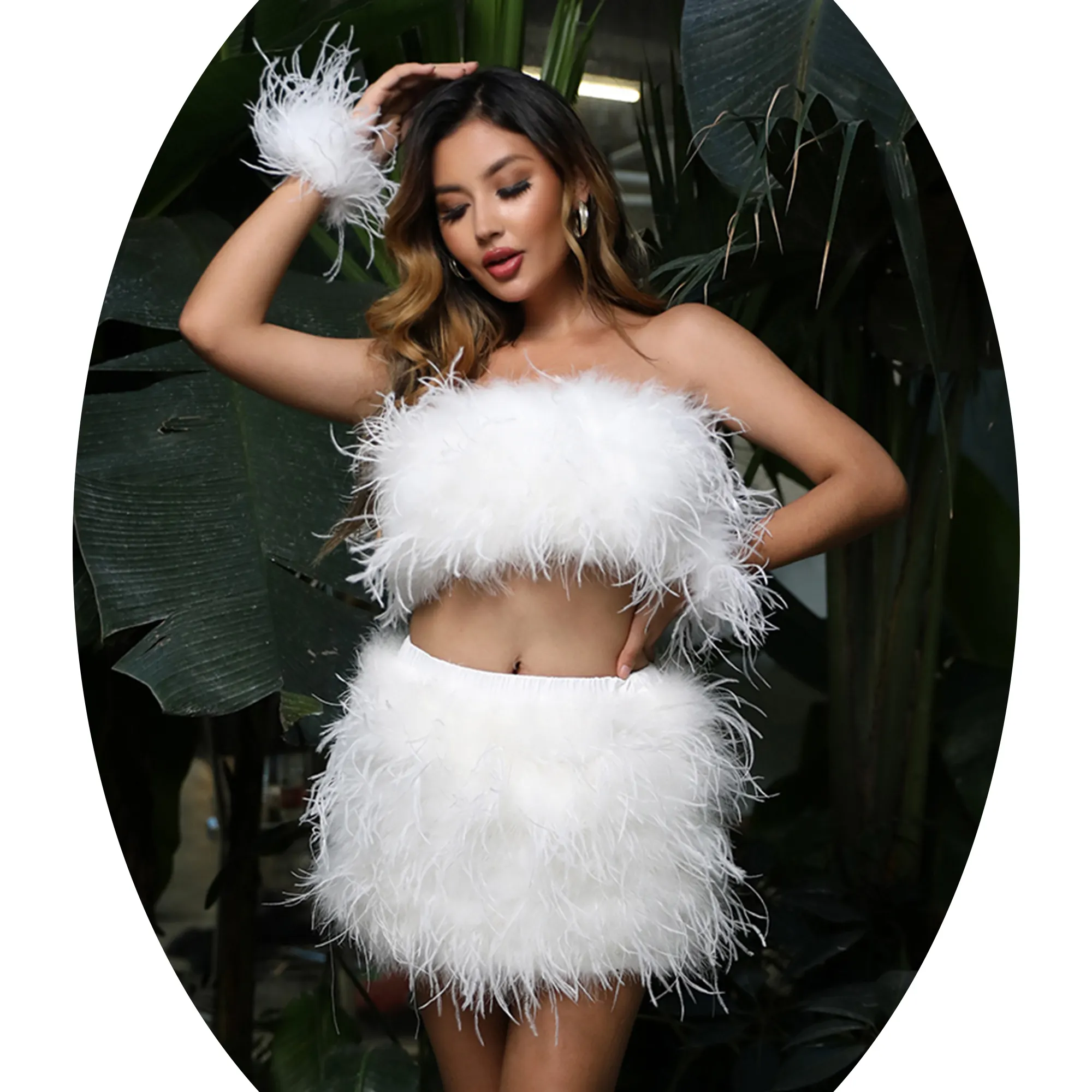 Custom Color Ostrich Feather Skirt Women Pink Mini Skirts Wrap Crop Top And Skirt Set