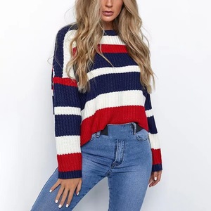 Suéter Feminino de Tricô Grosso Listrado para Outono Inverno, Gola Redonda, Ombro Caído, Canelado, Pulôver Casual Confortável e Macio - Product Image 3