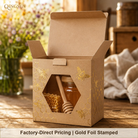 Caja Plegable Hexagonal con Ventana y Estampado en Dorado sobre Papel Kraft Natural Personalizada, Caja de Regalo Premium para Tarro de Miel
