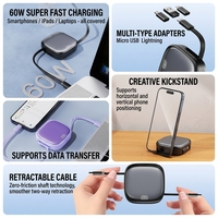 Câble de charge rétractable 3-en-1 personnalisé en gros avec adaptateur USB-C vers USB, kit de transfert de données et support de téléphone