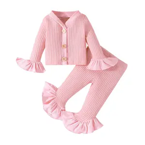 Q30813 Baby Girl Ribbed Bowknot Outfits Plissado Lapela Botão Cardigan Bell Bottoms Calças Outfits 2PCS Outono Inverno Roupas