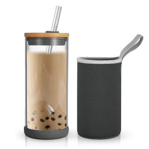 Gobelet en verre à bulles réutilisable Smoothie Cup Wide Mouth Tronco Glass Mason Jar avec couvercle en bambou Pailles en ACIER INOXYDABLE - Product Image 3