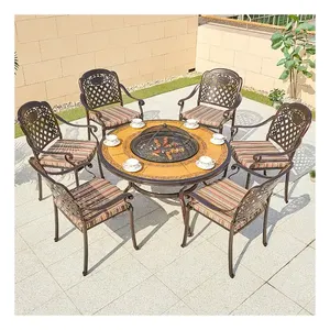 Restaurant Aluminum Dining Sets Chairs Garden Furniture Outdoor Backyard Casting BBQ Grill Round Table 4-6 People