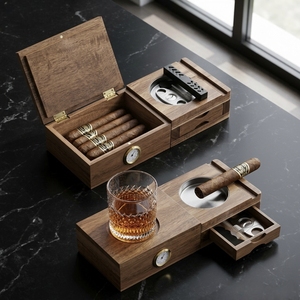 Vietnam Cigar Ashtray Coaster Whiskey Glass Tray and <b>Holder</b> Wooden Ash Tray Cigar Accessory Set Gift for Men Dad - Product Image 1