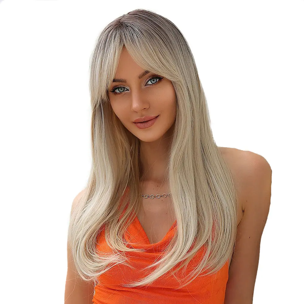 Long Straight Heat Resistant Fiber Synthetic Wig for Women Ombre Light Blonde Platinum with Bangs Hair Wig Cosplay Part