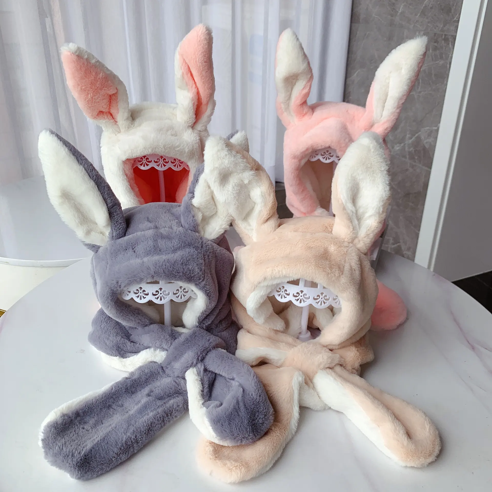 Outdoor Fashion Designer Boys Girls Children Thicken Soft Warm Scarf Sets Cartoon Rabbit Ears Plush Kids Winter Hats