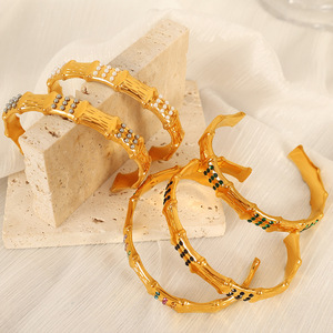 Bamboo Joint <b>Bracelet</b> Gold Tone <b>Crystal</b> Rhinestone Inlay Unisex Fashion Jewelry - Product Image 2