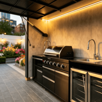 Cuisine extérieure modulaire moderne avec auvent rétractable, ensemble complet d'armoires, évier, crédence, finition laquée, charnières, robinet - Ignifuge