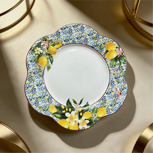 Juego de Vajilla de Porcelana Vintage con Borde Festoneado en Azul y Amarillo con Diseño Floral de Limones para <span class=keywords><strong>Brunch</strong></span> de Verano y Reuniones de Estilo Mediterráneo - Product Image 3