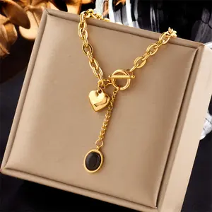Stainless Steel 18K Gold Plated Waterproof Jewelry Women's Accessories Heart and Stone Pendant Toggle Clasp Necklace for Women