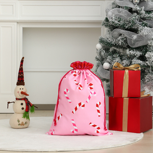 Venta al por mayor sacos de lona rosa y gran lazo rojo impreso cadena Santa bolsa de regalo de Navidad - Product Image 4