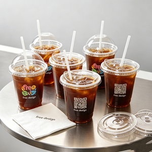 แก้วกาแฟพลาสติก PET รูปตัว U ขนาด 9 ออนซ์ พิมพ์โลโก้ตามสั่ง ใช้แล้วทิ้ง พร้อมฝาปิด แก้วพลาสติกใสสำหรับงานปาร์ตี้ - Product Image 1