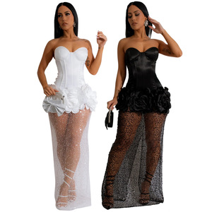 Robe longue et sexy pour femmes, bustier sans bretelles, robe moulante en maille transparente, patchwork, 2024 - Product Image 1