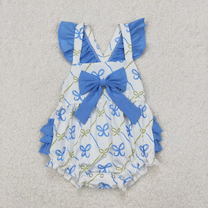Vêtements d'été en gros pour enfants : Tenues décontractées pour bébés filles avec grand nœud, imprimé nœuds bleus, collection boutique d'été - Product Image 4