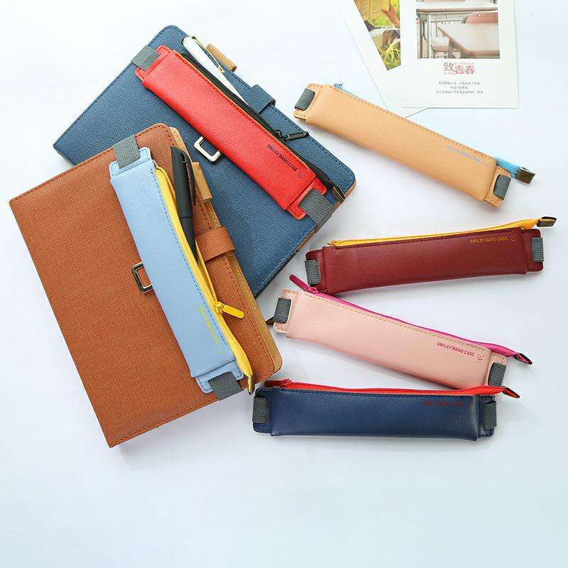 Elastic Strap PU Leather Pen Pencil Pouch Holder Stationery Zipper