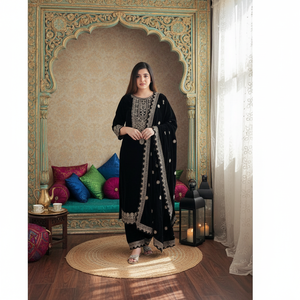 Women's Attractive <b>Viscose</b> Velvet Embroidery Digital Print Sequence Work <b>Top</b> Bottom with Dupatta Black - Product Image 3