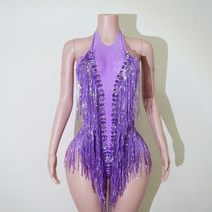 Justaucorps de scène pour femme adulte en spandex violet électrique, orné de strass et de franges, pour danse de salon, idéal pour diva de scène, appliqué à la main - Product Image 2
