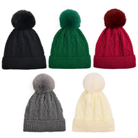Famille mignon solide hiver tricoté chapeau pour femmes bébé enfants avec détachable Pom Pom chaud fourrure Beanie Crochet chapeau